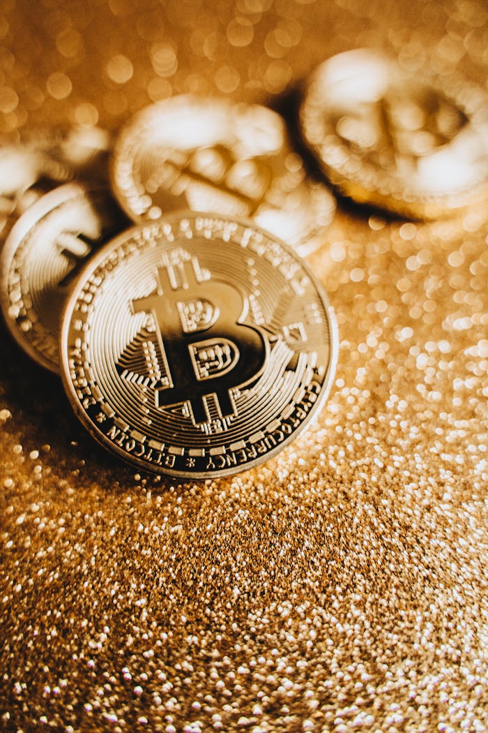 Close-up of Bitcoin coins on a glittering gold background representing cryptocurrency and finance.